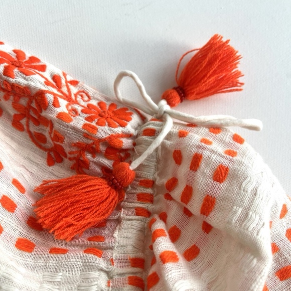Tessora White and Orange 100% Cotton Embroidered Boho Blouse with Tassels - Picture 5 of 8